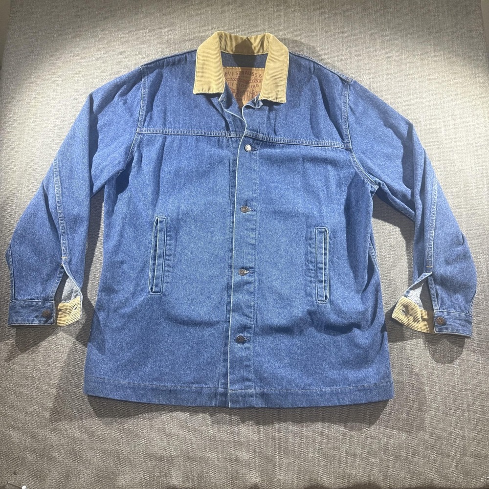 Vintage Levis Denim‎ Barn Chore Jacket Mens XL Blue Tan Corduroy Collar USA 90s